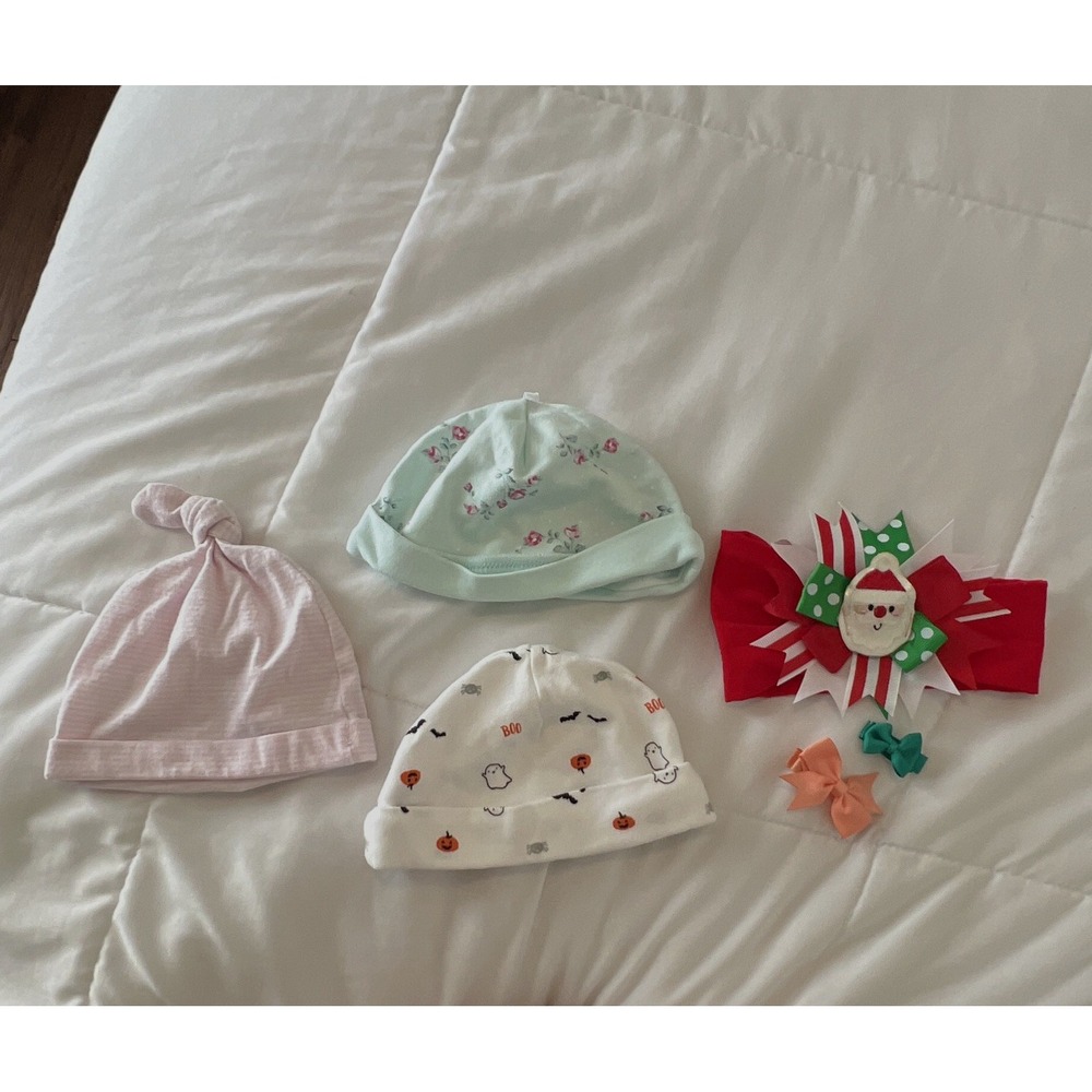 Newborn Knit Cotton Beanie Hat Lot, Multicolor Bows, Santa Christmas Headband